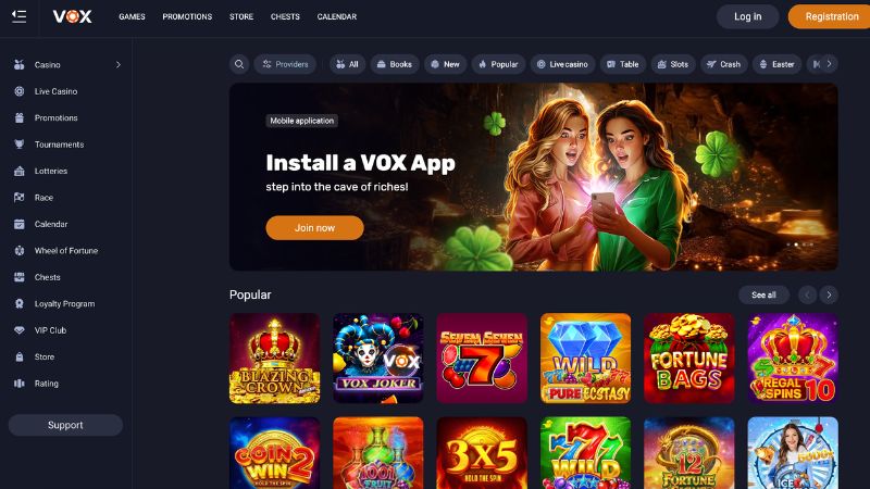 Vox Casino zrzut ekranu platformy